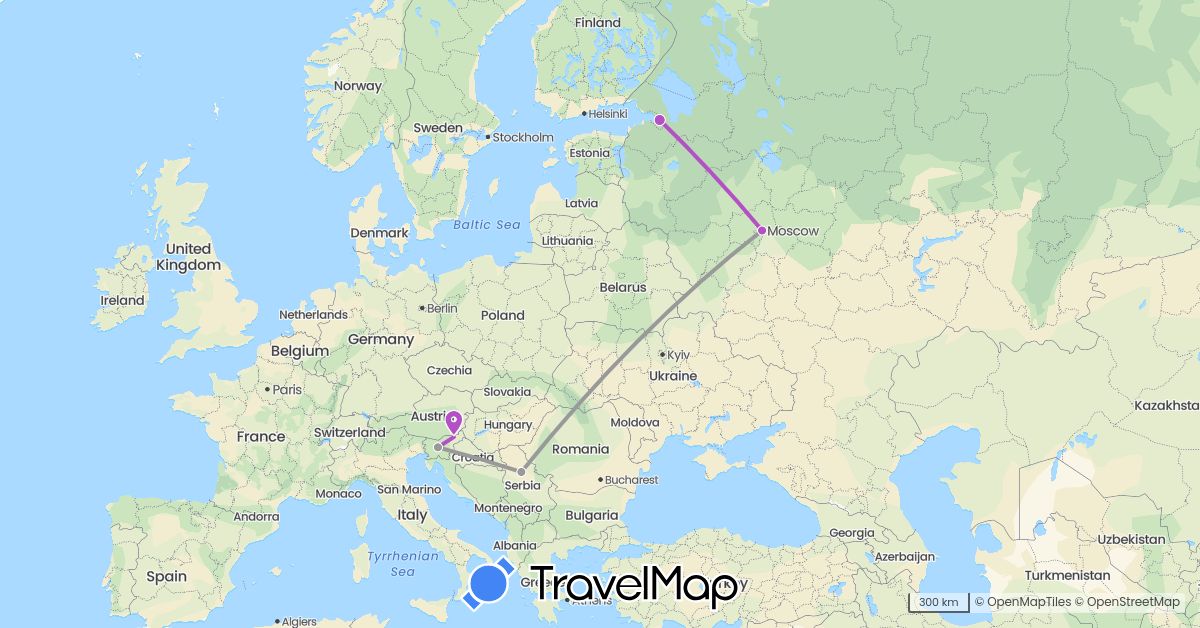 TravelMap itinerary: driving, plane, train in Serbia, Russia, Slovenia (Europe)